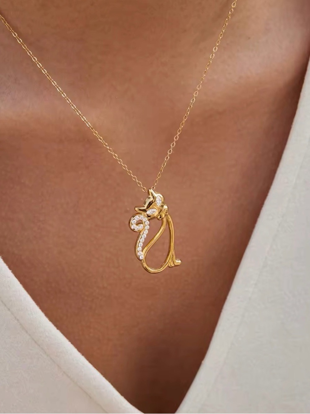Gold Cat Pendant Necklace with Crystal Accents Hypoallergenic Waterproof